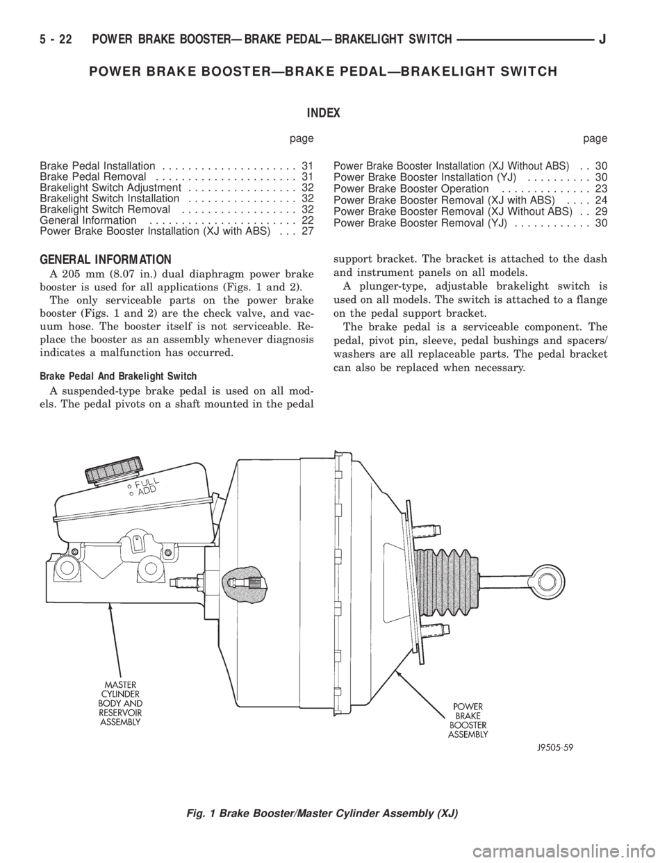 JEEP YJ 1995 Service And Repair Manual POWER BRAKE BOOSTERÐBRAKE PEDALÐBRAKELIGHT SWITCH
INDEX
page page
Brake Pedal Installation..................... 31
Brake Pedal Removal...................... 31
Brakelight Switch Adjustment.......... JEEP YJ 1995 Service And Repair Manual POWER BRAKE BOOSTERÐBRAKE PEDALÐBRAKELIGHT SWITCH
INDEX
page page
Brake Pedal Installation..................... 31
Brake Pedal Removal...................... 31
Brakelight Switch Adjustment..........
