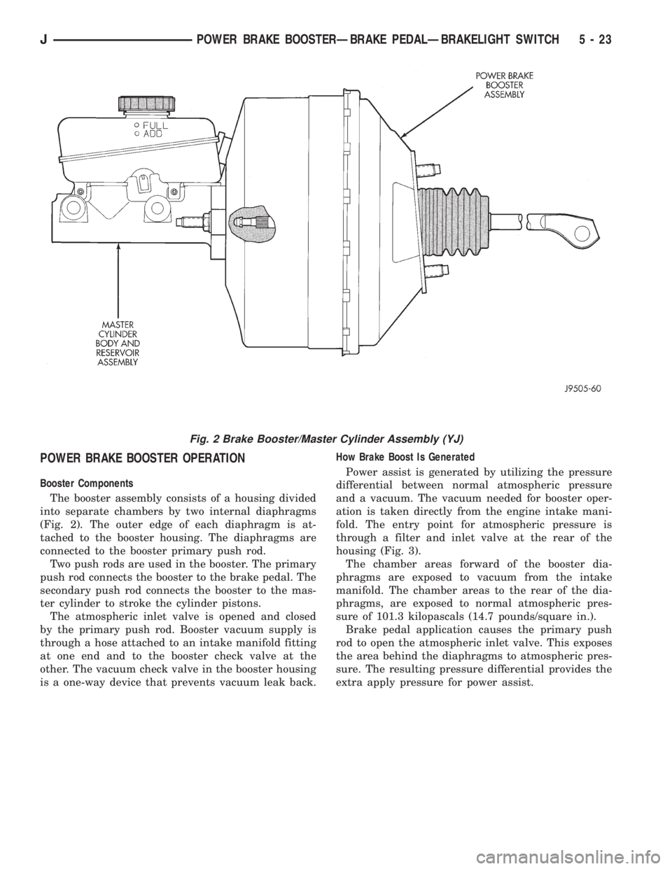JEEP YJ 1995 Service And Repair Manual POWER BRAKE BOOSTER OPERATION
Booster Components
The booster assembly consists of a housing divided
into separate chambers by two internal diaphragms
(Fig. 2). The outer edge of each diaphragm is at-
JEEP YJ 1995 Service And Repair Manual POWER BRAKE BOOSTER OPERATION
Booster Components
The booster assembly consists of a housing divided
into separate chambers by two internal diaphragms
(Fig. 2). The outer edge of each diaphragm is at-