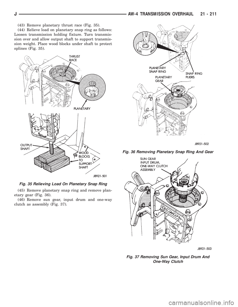 JEEP YJ 1995 Service And Repair Manual (43) Remove planetary thrust race (Fig. 35).
(44) Relieve load on planetary snap ring as follows:
Loosen transmission holding fixture. Turn transmis-
sion over and allow output shaft to support transm JEEP YJ 1995 Service And Repair Manual (43) Remove planetary thrust race (Fig. 35).
(44) Relieve load on planetary snap ring as follows:
Loosen transmission holding fixture. Turn transmis-
sion over and allow output shaft to support transm