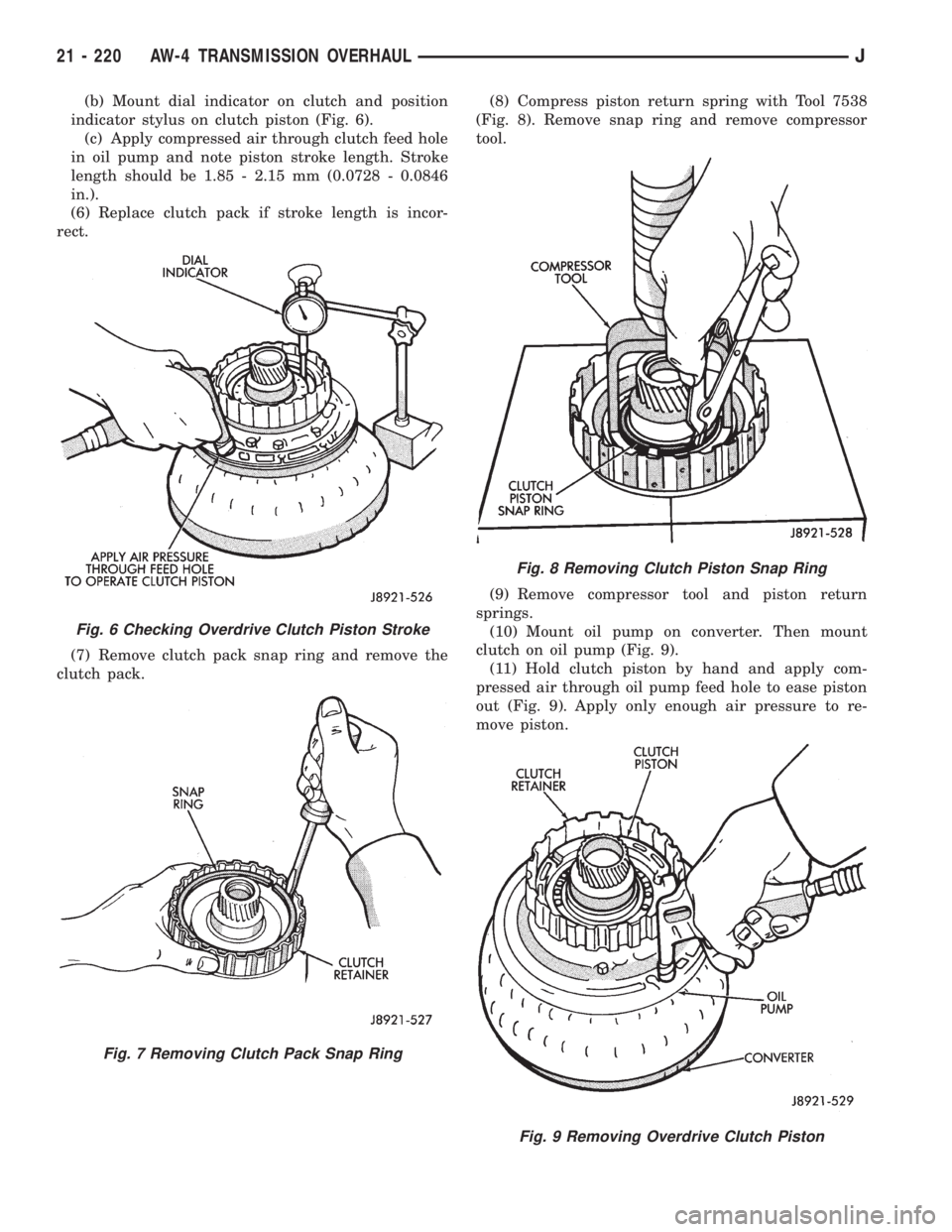 JEEP YJ 1995  Service And Repair Manual (b) Mount dial indicator on clutch and position
indicator stylus on clutch piston (Fig. 6).
(c) Apply compressed air through clutch feed hole
in oil pump and note piston stroke length. Stroke
length s