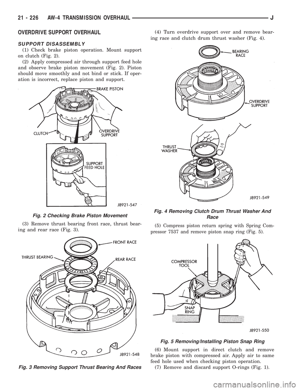 JEEP YJ 1995  Service And Repair Manual OVERDRIVE SUPPORT OVERHAUL
SUPPORT DISASSEMBLY
(1) Check brake piston operation. Mount support
on clutch (Fig. 2).
(2) Apply compressed air through support feed hole
and observe brake piston movement 
