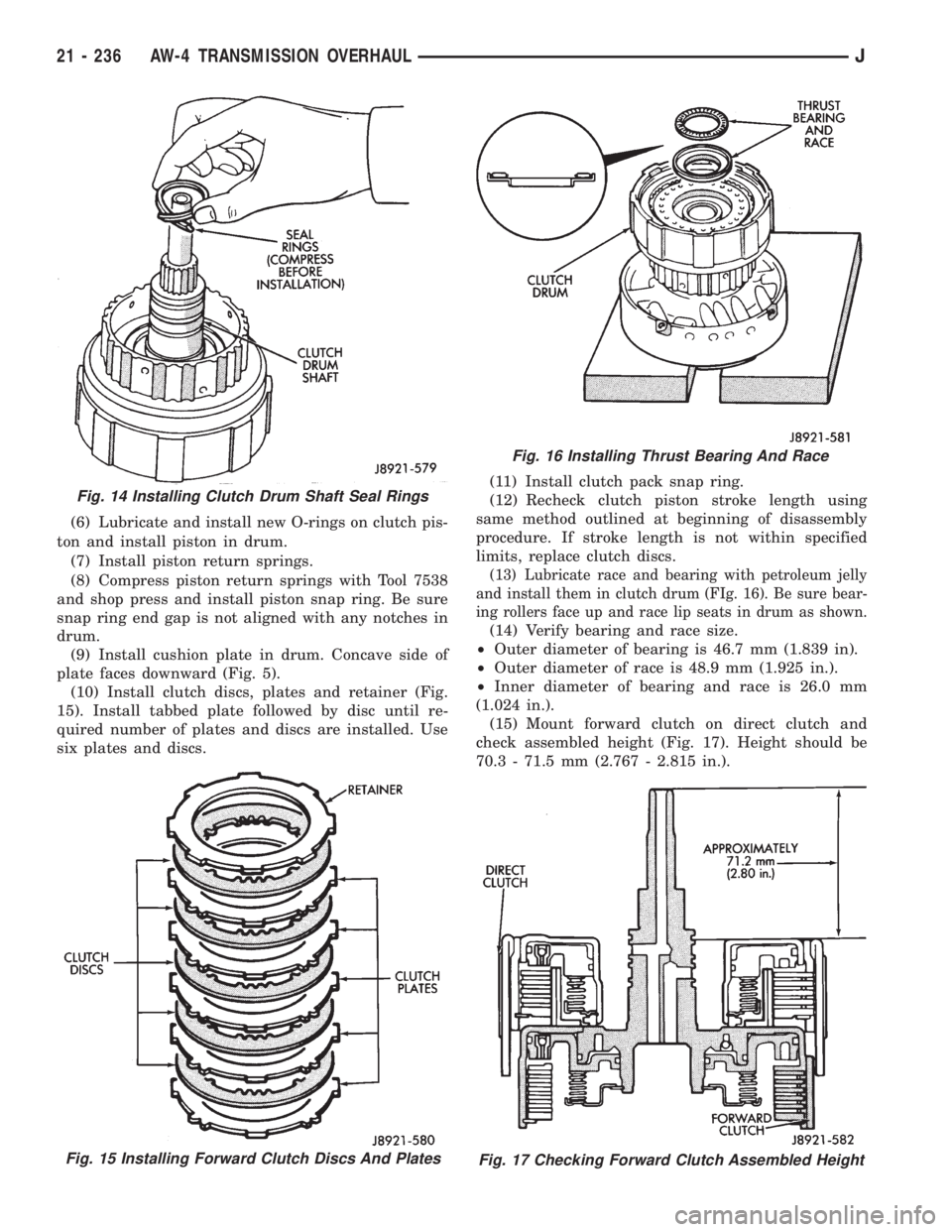 JEEP YJ 1995 Service And Repair Manual (6) Lubricate and install new O-rings on clutch pis-
ton and install piston in drum.
(7) Install piston return springs.
(8) Compress piston return springs with Tool 7538
and shop press and install pis JEEP YJ 1995 Service And Repair Manual (6) Lubricate and install new O-rings on clutch pis-
ton and install piston in drum.
(7) Install piston return springs.
(8) Compress piston return springs with Tool 7538
and shop press and install pis
