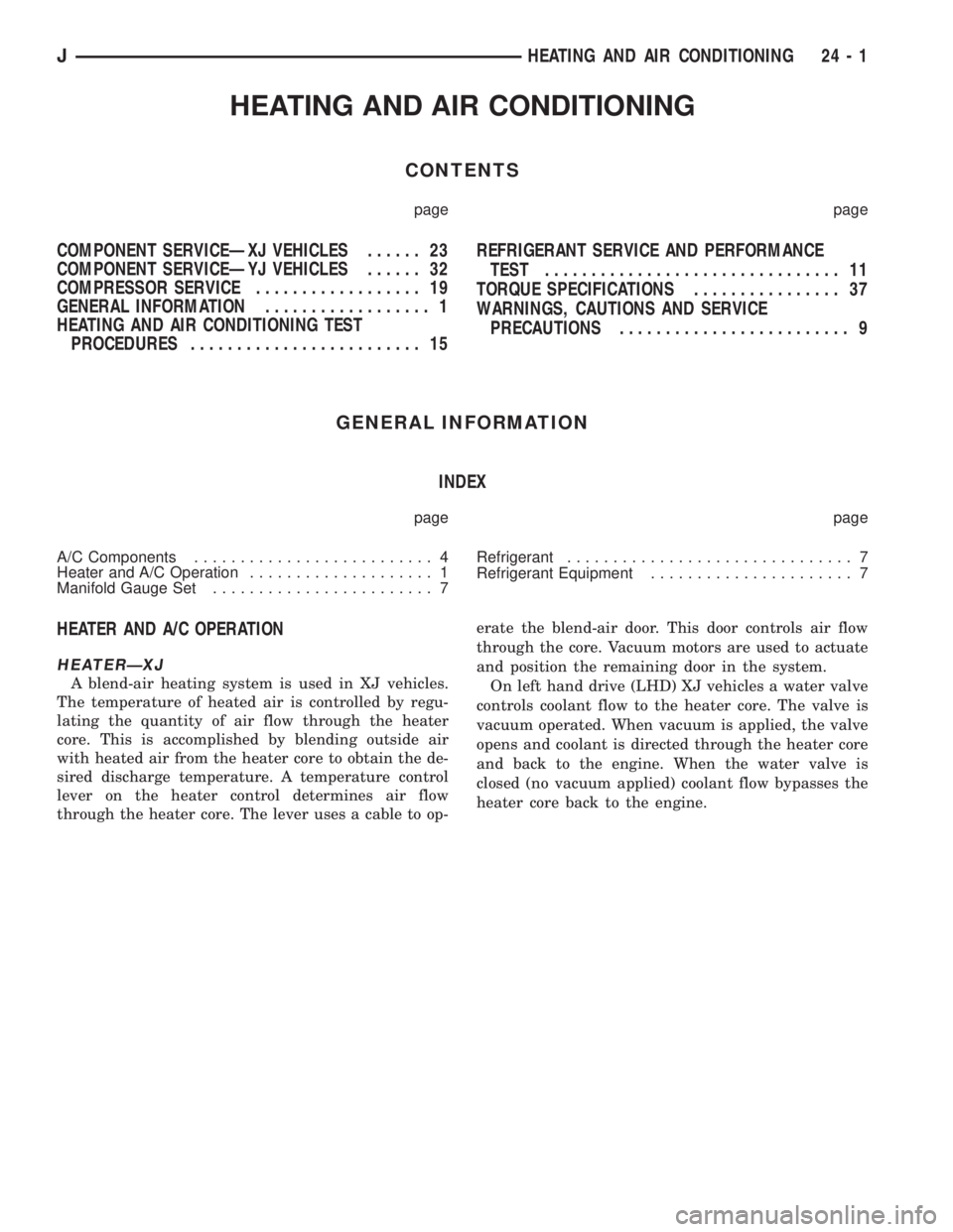 JEEP YJ 1995  Service And Repair Manual HEATING AND AIR CONDITIONING
CONTENTS
page page
COMPONENT SERVICEÐXJ VEHICLES...... 23
COMPONENT SERVICEÐYJ VEHICLES...... 32
COMPRESSOR SERVICE.................. 19
GENERAL INFORMATION.............