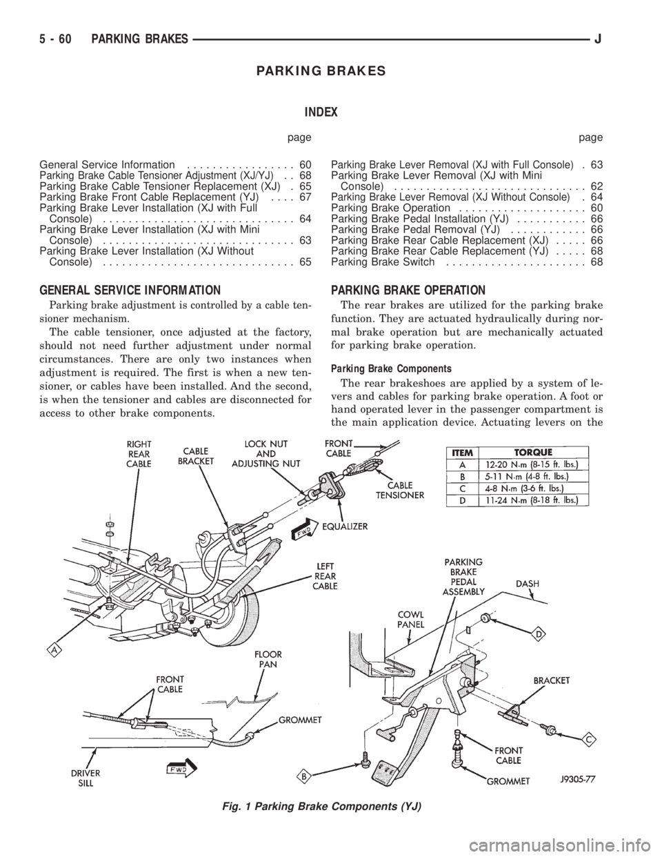JEEP YJ 1995 Service And Repair Manual PARKING BRAKES
INDEX
page page
General Service Information................. 60
Parking Brake Cable Tensioner Adjustment (XJ/YJ).. 68
Parking Brake Cable Tensioner Replacement (XJ) . 65
Parking Brake F JEEP YJ 1995 Service And Repair Manual PARKING BRAKES
INDEX
page page
General Service Information................. 60
Parking Brake Cable Tensioner Adjustment (XJ/YJ).. 68
Parking Brake Cable Tensioner Replacement (XJ) . 65
Parking Brake F