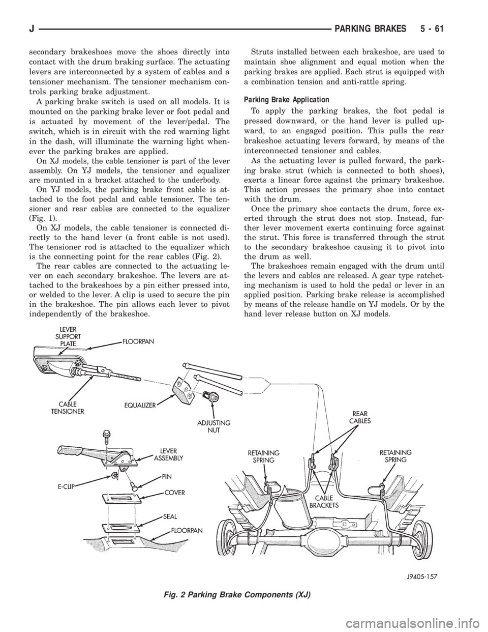 JEEP YJ 1995 Service And Repair Manual secondary brakeshoes move the shoes directly into
contact with the drum braking surface. The actuating
levers are interconnected by a system of cables and a
tensioner mechanism. The tensioner mechanis JEEP YJ 1995 Service And Repair Manual secondary brakeshoes move the shoes directly into
contact with the drum braking surface. The actuating
levers are interconnected by a system of cables and a
tensioner mechanism. The tensioner mechanis