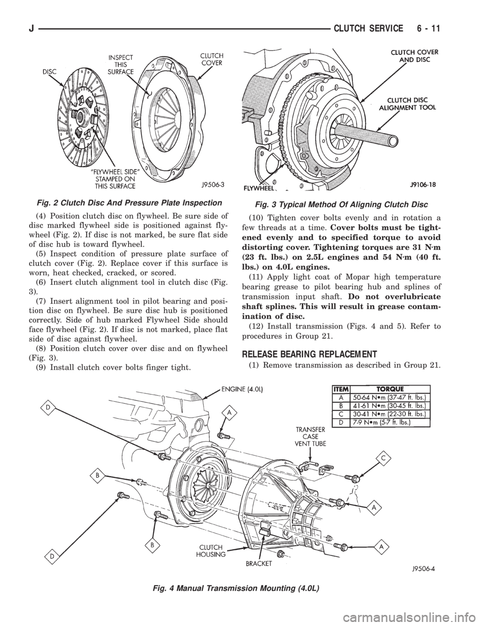 JEEP YJ 1995 Service And Repair Manual (4) Position clutch disc on flywheel. Be sure side of
disc marked flywheel side is positioned against fly-
wheel (Fig. 2). If disc is not marked, be sure flat side
of disc hub is toward flywheel.
(5) JEEP YJ 1995 Service And Repair Manual (4) Position clutch disc on flywheel. Be sure side of
disc marked flywheel side is positioned against fly-
wheel (Fig. 2). If disc is not marked, be sure flat side
of disc hub is toward flywheel.
(5)