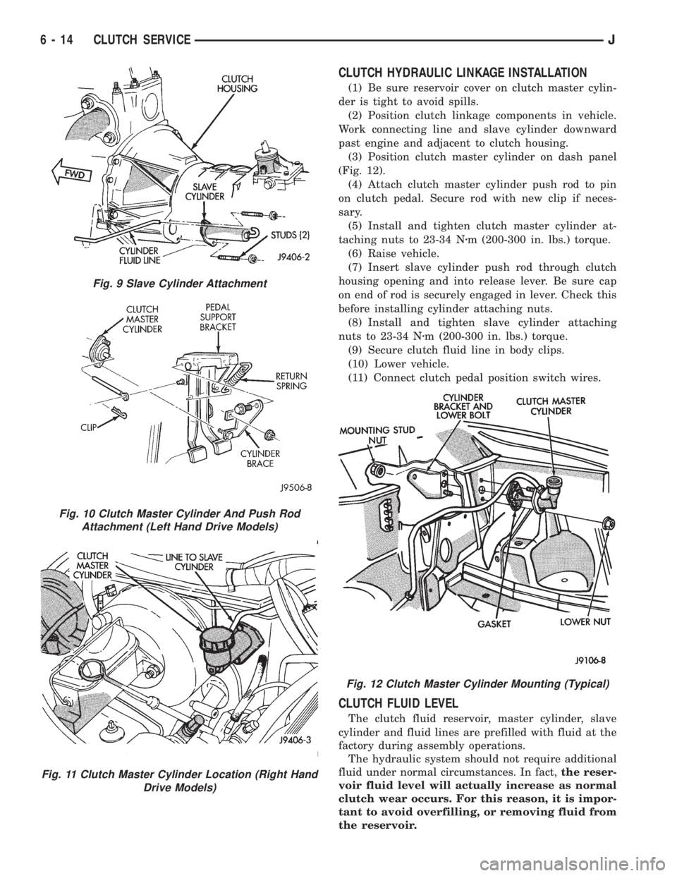 JEEP YJ 1995 Service And Repair Manual CLUTCH HYDRAULIC LINKAGE INSTALLATION
(1) Be sure reservoir cover on clutch master cylin-
der is tight to avoid spills.
(2) Position clutch linkage components in vehicle.
Work connecting line and slav JEEP YJ 1995 Service And Repair Manual CLUTCH HYDRAULIC LINKAGE INSTALLATION
(1) Be sure reservoir cover on clutch master cylin-
der is tight to avoid spills.
(2) Position clutch linkage components in vehicle.
Work connecting line and slav