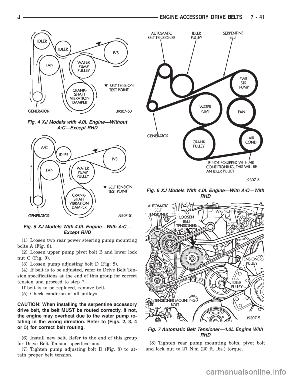 JEEP YJ 1995 Service And Repair Manual (1) Loosen two rear power steering pump mounting
bolts A (Fig. 8).
(2) Loosen upper pump pivot bolt B and lower lock
nut C (Fig. 9).
(3) Loosen pump adjusting bolt D (Fig. 8).
(4) If belt is to be adj JEEP YJ 1995 Service And Repair Manual (1) Loosen two rear power steering pump mounting
bolts A (Fig. 8).
(2) Loosen upper pump pivot bolt B and lower lock
nut C (Fig. 9).
(3) Loosen pump adjusting bolt D (Fig. 8).
(4) If belt is to be adj