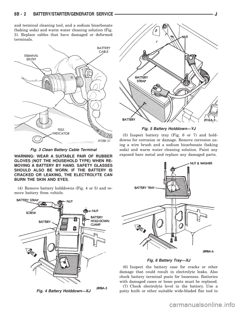 JEEP YJ 1995 Service And Repair Manual and terminal cleaning tool, and a sodium bicarbonate
(baking soda) and warm water cleaning solution (Fig.
3). Replace cables that have damaged or deformed
terminals.
WARNING: WEAR A SUITABLE PAIR OF R JEEP YJ 1995 Service And Repair Manual and terminal cleaning tool, and a sodium bicarbonate
(baking soda) and warm water cleaning solution (Fig.
3). Replace cables that have damaged or deformed
terminals.
WARNING: WEAR A SUITABLE PAIR OF R