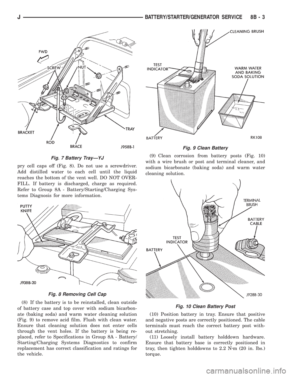 JEEP YJ 1995 Service And Repair Manual pry cell caps off (Fig. 8). Do not use a screwdriver.
Add distilled water to each cell until the liquid
reaches the bottom of the vent well. DO NOT OVER-
FILL. If battery is discharged, charge as requ JEEP YJ 1995 Service And Repair Manual pry cell caps off (Fig. 8). Do not use a screwdriver.
Add distilled water to each cell until the liquid
reaches the bottom of the vent well. DO NOT OVER-
FILL. If battery is discharged, charge as requ