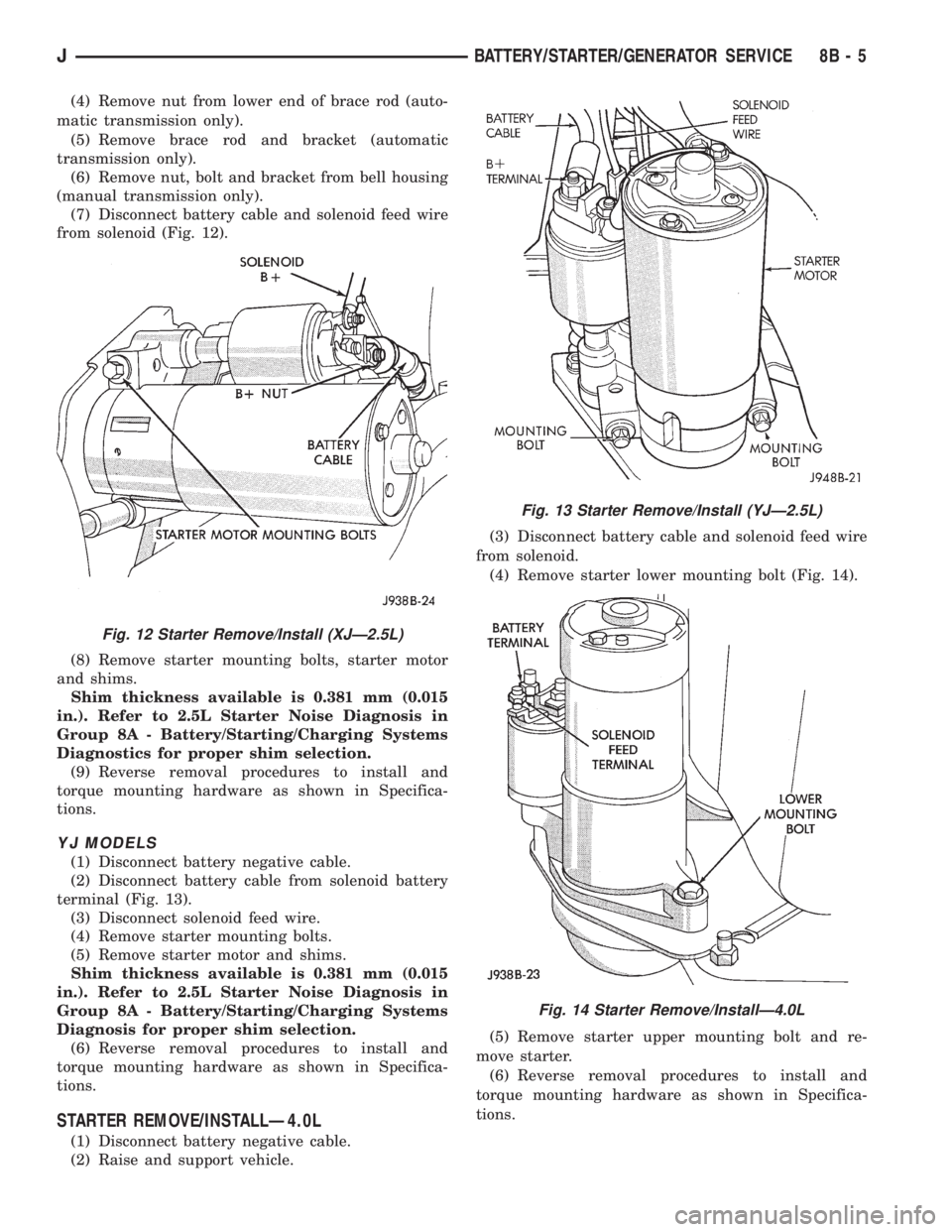 JEEP YJ 1995 Service And Repair Manual (4) Remove nut from lower end of brace rod (auto-
matic transmission only).
(5) Remove brace rod and bracket (automatic
transmission only).
(6) Remove nut, bolt and bracket from bell housing
(manual t JEEP YJ 1995 Service And Repair Manual (4) Remove nut from lower end of brace rod (auto-
matic transmission only).
(5) Remove brace rod and bracket (automatic
transmission only).
(6) Remove nut, bolt and bracket from bell housing
(manual t