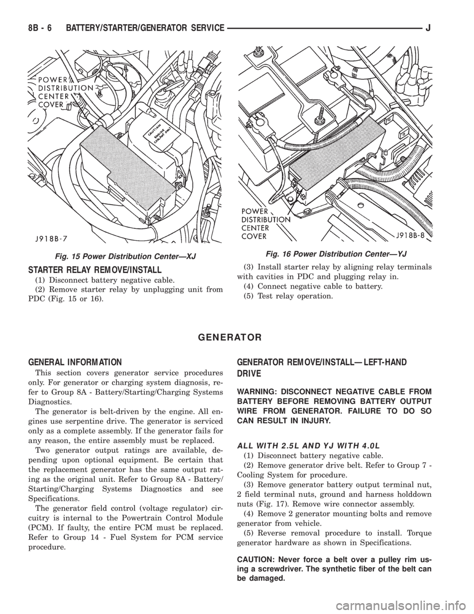 JEEP YJ 1995 Service And Repair Manual STARTER RELAY REMOVE/INSTALL
(1) Disconnect battery negative cable.
(2) Remove starter relay by unplugging unit from
PDC (Fig. 15 or 16).(3) Install starter relay by aligning relay terminals
with cavi JEEP YJ 1995 Service And Repair Manual STARTER RELAY REMOVE/INSTALL
(1) Disconnect battery negative cable.
(2) Remove starter relay by unplugging unit from
PDC (Fig. 15 or 16).(3) Install starter relay by aligning relay terminals
with cavi