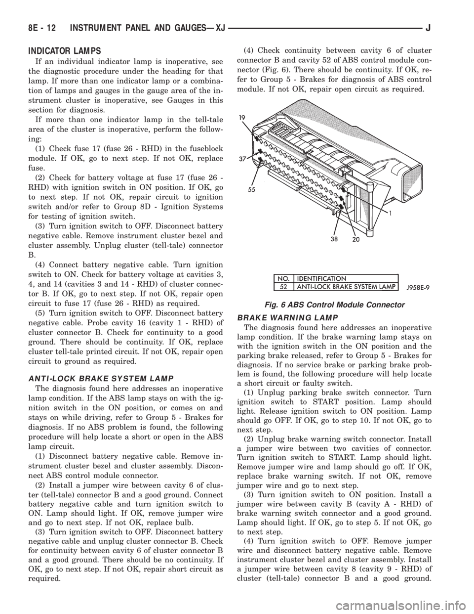 JEEP YJ 1995 Service And Repair Manual INDICATOR LAMPS
If an individual indicator lamp is inoperative, see
the diagnostic procedure under the heading for that
lamp. If more than one indicator lamp or a combina-
tion of lamps and gauges in JEEP YJ 1995 Service And Repair Manual INDICATOR LAMPS
If an individual indicator lamp is inoperative, see
the diagnostic procedure under the heading for that
lamp. If more than one indicator lamp or a combina-
tion of lamps and gauges in