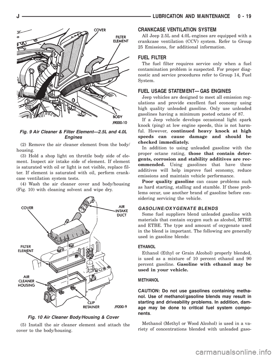 JEEP YJ 1995 Service And Repair Manual (2) Remove the air cleaner element from the body/
housing.
(3) Hold a shop light on throttle body side of ele-
ment. Inspect air intake side of element. If element
is saturated with oil or light is no JEEP YJ 1995 Service And Repair Manual (2) Remove the air cleaner element from the body/
housing.
(3) Hold a shop light on throttle body side of ele-
ment. Inspect air intake side of element. If element
is saturated with oil or light is no