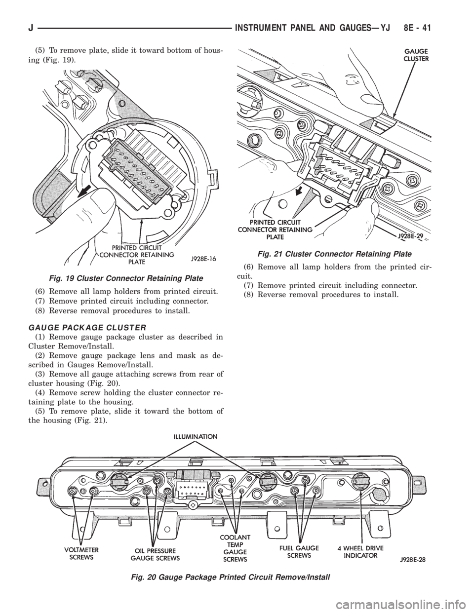 JEEP YJ 1995  Service And Repair Manual (5) To remove plate, slide it toward bottom of hous-
ing (Fig. 19).
(6) Remove all lamp holders from printed circuit.
(7) Remove printed circuit including connector.
(8) Reverse removal procedures to 