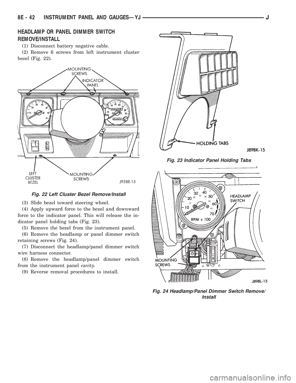 JEEP YJ 1995  Service And Repair Manual HEADLAMP OR PANEL DIMMER SWITCH
REMOVE/INSTALL
(1) Disconnect battery negative cable.
(2) Remove 6 screws from left instrument cluster
bezel (Fig. 22).
(3) Slide bezel toward steering wheel.
(4) Apply
