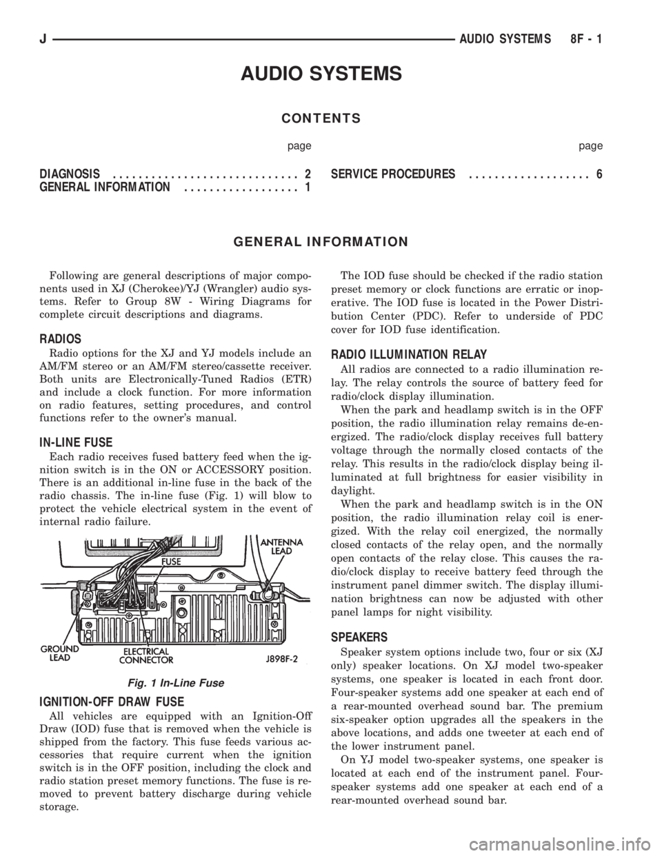 JEEP YJ 1995 Service And Repair Manual AUDIO SYSTEMS
CONTENTS
page page
DIAGNOSIS............................. 2
GENERAL INFORMATION.................. 1SERVICE PROCEDURES................... 6
GENERAL INFORMATION
Following are general descr JEEP YJ 1995 Service And Repair Manual AUDIO SYSTEMS
CONTENTS
page page
DIAGNOSIS............................. 2
GENERAL INFORMATION.................. 1SERVICE PROCEDURES................... 6
GENERAL INFORMATION
Following are general descr