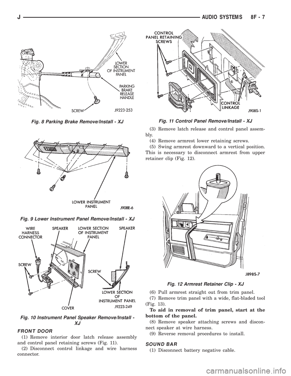 JEEP YJ 1995 Service And Repair Manual FRONT DOOR
(1) Remove interior door latch release assembly
and control panel retaining screws (Fig. 11).
(2) Disconnect control linkage and wire harness
connector.(3) Remove latch release and control JEEP YJ 1995 Service And Repair Manual FRONT DOOR
(1) Remove interior door latch release assembly
and control panel retaining screws (Fig. 11).
(2) Disconnect control linkage and wire harness
connector.(3) Remove latch release and control