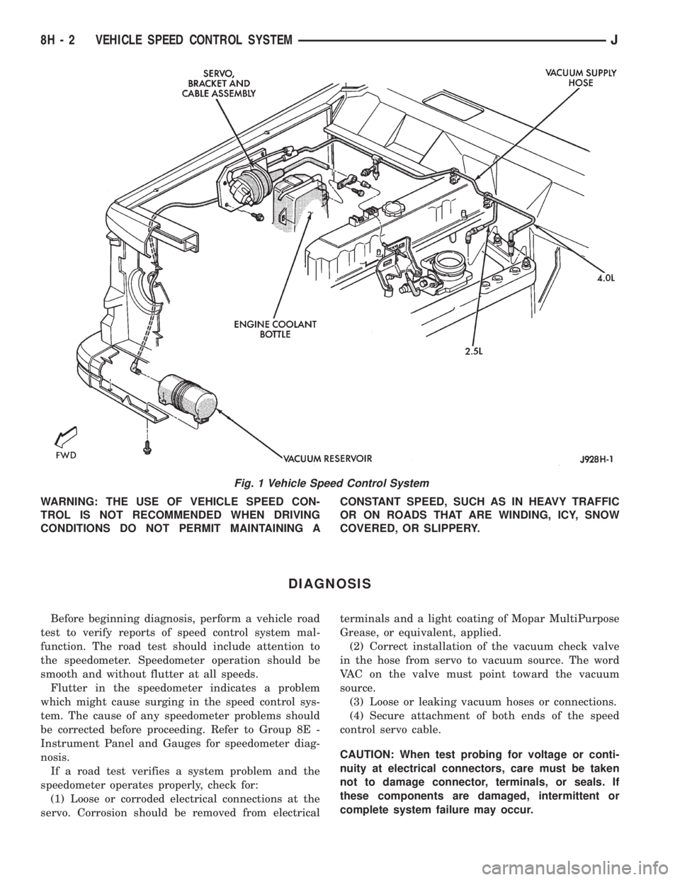 JEEP YJ 1995 Service And Repair Manual WARNING: THE USE OF VEHICLE SPEED CON-
TROL IS NOT RECOMMENDED WHEN DRIVING
CONDITIONS DO NOT PERMIT MAINTAINING ACONSTANT SPEED, SUCH AS IN HEAVY TRAFFIC
OR ON ROADS THAT ARE WINDING, ICY, SNOW
COVER JEEP YJ 1995 Service And Repair Manual WARNING: THE USE OF VEHICLE SPEED CON-
TROL IS NOT RECOMMENDED WHEN DRIVING
CONDITIONS DO NOT PERMIT MAINTAINING ACONSTANT SPEED, SUCH AS IN HEAVY TRAFFIC
OR ON ROADS THAT ARE WINDING, ICY, SNOW
COVER