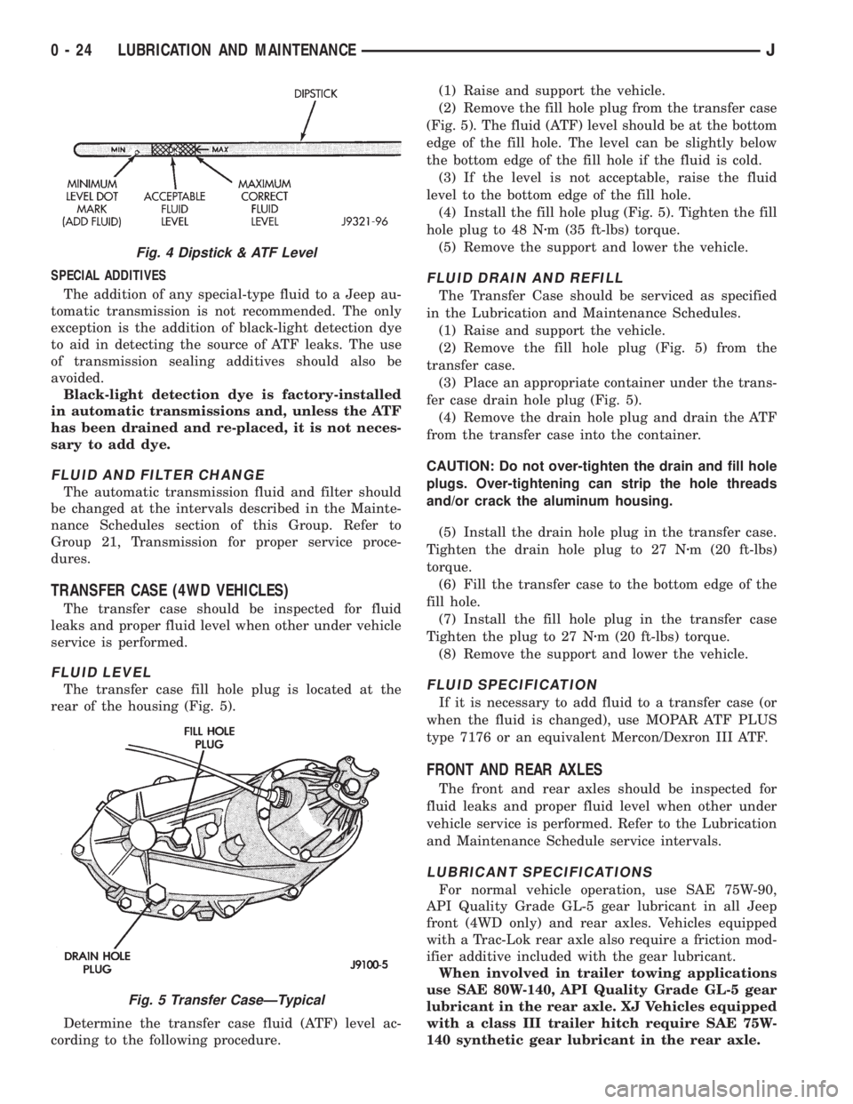 JEEP YJ 1995 Service And Service Manual SPECIAL ADDITIVES
The addition of any special-type fluid to a Jeep au-
tomatic transmission is not recommended. The only
exception is the addition of black-light detection dye
to aid in detecting the JEEP YJ 1995 Service And Service Manual SPECIAL ADDITIVES
The addition of any special-type fluid to a Jeep au-
tomatic transmission is not recommended. The only
exception is the addition of black-light detection dye
to aid in detecting the