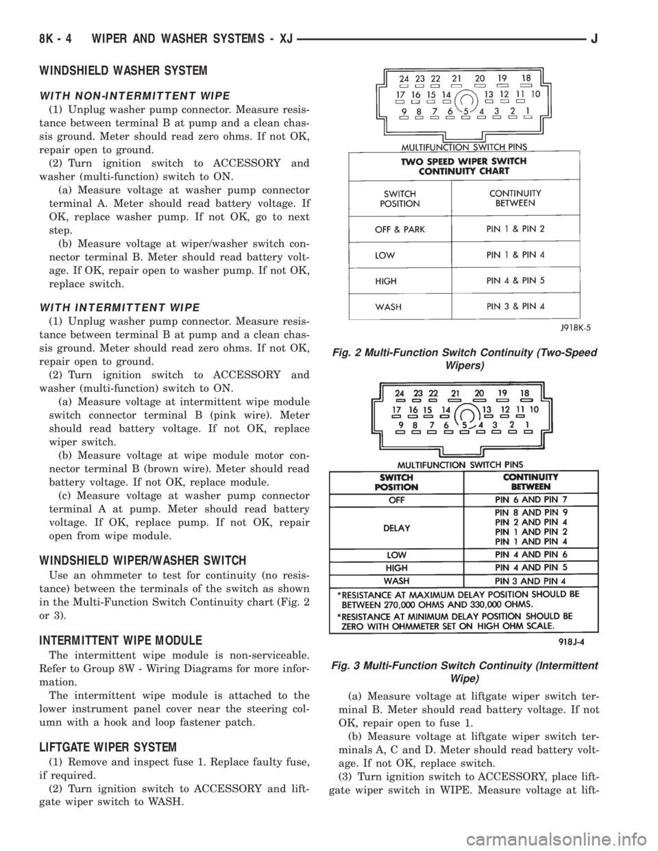 JEEP YJ 1995 Service And Repair Manual WINDSHIELD WASHER SYSTEM
WITH NON-INTERMITTENT WIPE
(1) Unplug washer pump connector. Measure resis-
tance between terminal B at pump and a clean chas-
sis ground. Meter should read zero ohms. If not JEEP YJ 1995 Service And Repair Manual WINDSHIELD WASHER SYSTEM
WITH NON-INTERMITTENT WIPE
(1) Unplug washer pump connector. Measure resis-
tance between terminal B at pump and a clean chas-
sis ground. Meter should read zero ohms. If not
