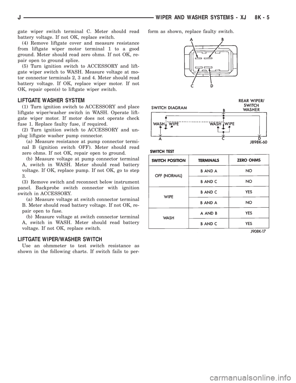 JEEP YJ 1995 Service And Repair Manual gate wiper switch terminal C. Meter should read
battery voltage. If not OK, replace switch.
(4) Remove liftgate cover and measure resistance
from liftgate wiper motor terminal 1 to a good
ground. Mete JEEP YJ 1995 Service And Repair Manual gate wiper switch terminal C. Meter should read
battery voltage. If not OK, replace switch.
(4) Remove liftgate cover and measure resistance
from liftgate wiper motor terminal 1 to a good
ground. Mete