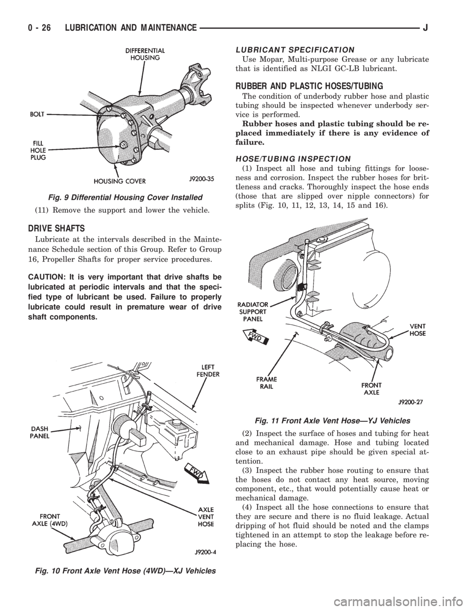 JEEP YJ 1995 Service And Service Manual (11) Remove the support and lower the vehicle.
DRIVE SHAFTS
Lubricate at the intervals described in the Mainte-
nance Schedule section of this Group. Refer to Group
16, Propeller Shafts for proper ser JEEP YJ 1995 Service And Service Manual (11) Remove the support and lower the vehicle.
DRIVE SHAFTS
Lubricate at the intervals described in the Mainte-
nance Schedule section of this Group. Refer to Group
16, Propeller Shafts for proper ser