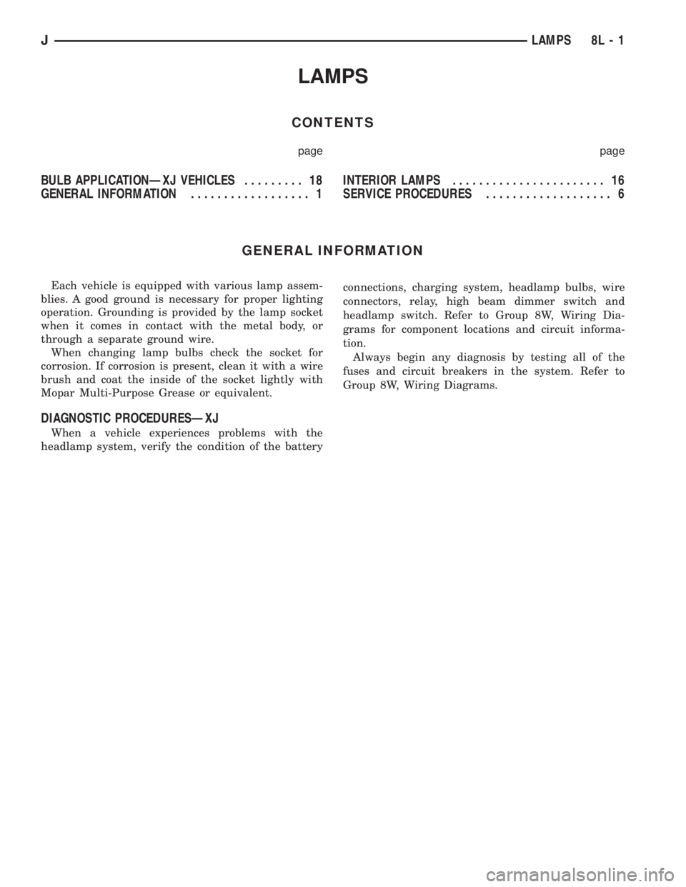 JEEP YJ 1995 Service And Repair Manual LAMPS
CONTENTS
page page
BULB APPLICATIONÐXJ VEHICLES......... 18
GENERAL INFORMATION.................. 1INTERIOR LAMPS....................... 16
SERVICE PROCEDURES................... 6
GENERAL INFOR JEEP YJ 1995 Service And Repair Manual LAMPS
CONTENTS
page page
BULB APPLICATIONÐXJ VEHICLES......... 18
GENERAL INFORMATION.................. 1INTERIOR LAMPS....................... 16
SERVICE PROCEDURES................... 6
GENERAL INFOR