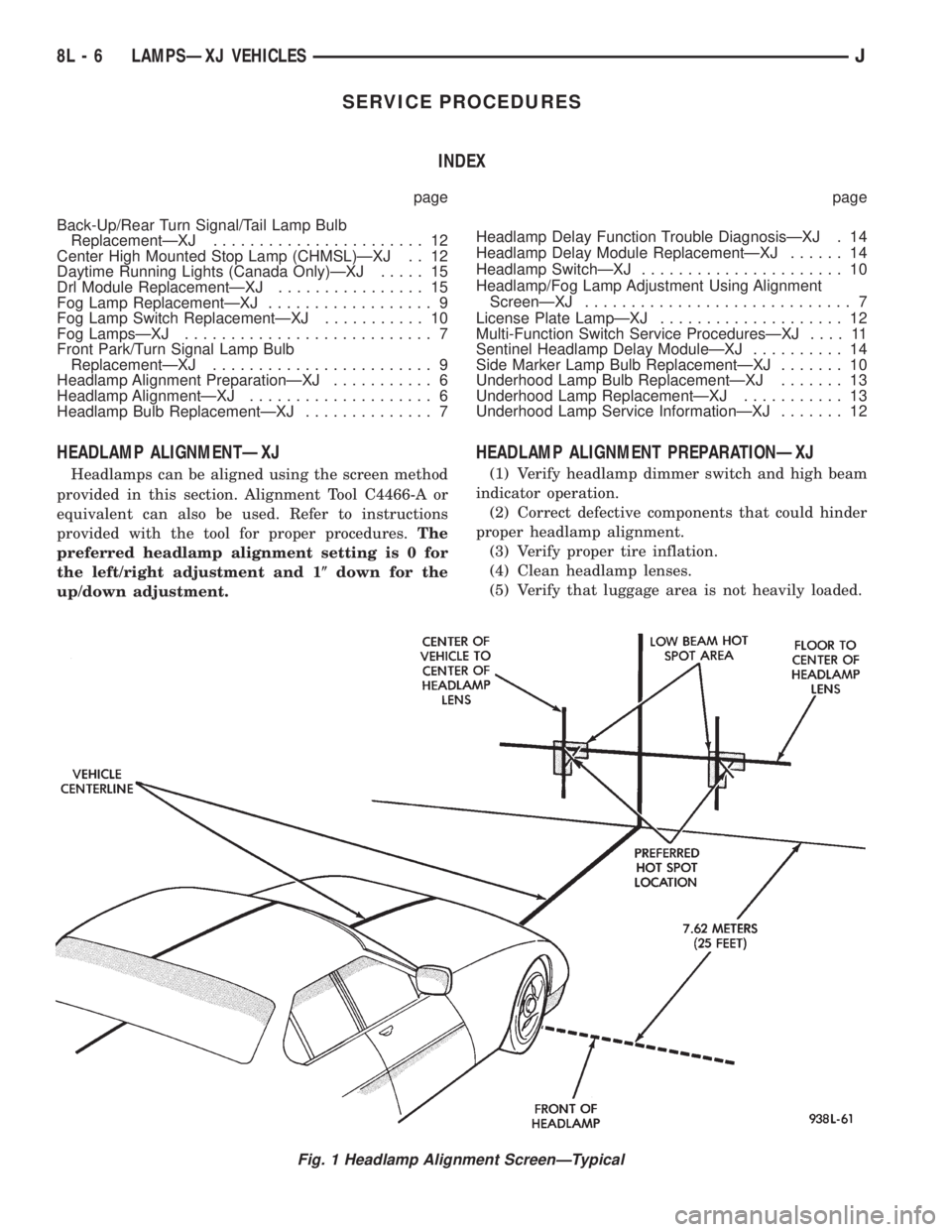 JEEP YJ 1995 Service And Repair Manual SERVICE PROCEDURES
INDEX
page page
Back-Up/Rear Turn Signal/Tail Lamp Bulb
ReplacementÐXJ....................... 12
Center High Mounted Stop Lamp (CHMSL)ÐXJ . . 12
Daytime Running Lights (Canada Onl JEEP YJ 1995 Service And Repair Manual SERVICE PROCEDURES
INDEX
page page
Back-Up/Rear Turn Signal/Tail Lamp Bulb
ReplacementÐXJ....................... 12
Center High Mounted Stop Lamp (CHMSL)ÐXJ . . 12
Daytime Running Lights (Canada Onl