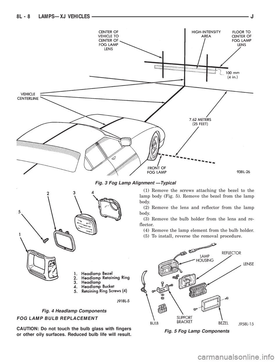 JEEP YJ 1995 Service And Repair Manual FOG LAMP BULB REPLACEMENT
CAUTION: Do not touch the bulb glass with fingers
or other oily surfaces. Reduced bulb life will result.(1) Remove the screws attaching the bezel to the
lamp body (Fig. 5). R JEEP YJ 1995 Service And Repair Manual FOG LAMP BULB REPLACEMENT
CAUTION: Do not touch the bulb glass with fingers
or other oily surfaces. Reduced bulb life will result.(1) Remove the screws attaching the bezel to the
lamp body (Fig. 5). R