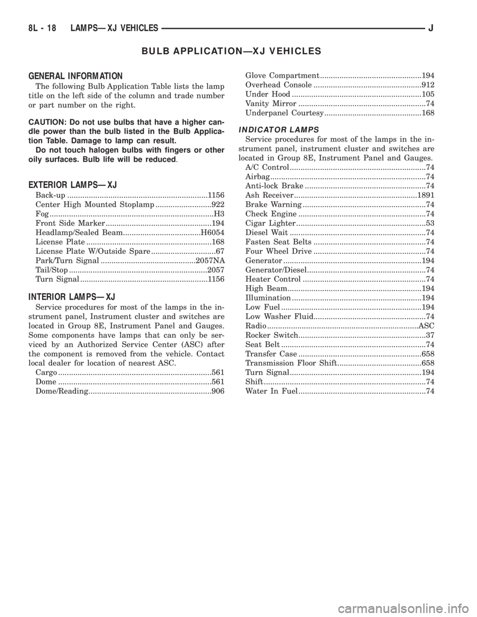 JEEP YJ 1995 Service And Repair Manual BULB APPLICATIONÐXJ VEHICLES
GENERAL INFORMATION
The following Bulb Application Table lists the lamp
title on the left side of the column and trade number
or part number on the right.
CAUTION: Do not JEEP YJ 1995 Service And Repair Manual BULB APPLICATIONÐXJ VEHICLES
GENERAL INFORMATION
The following Bulb Application Table lists the lamp
title on the left side of the column and trade number
or part number on the right.
CAUTION: Do not