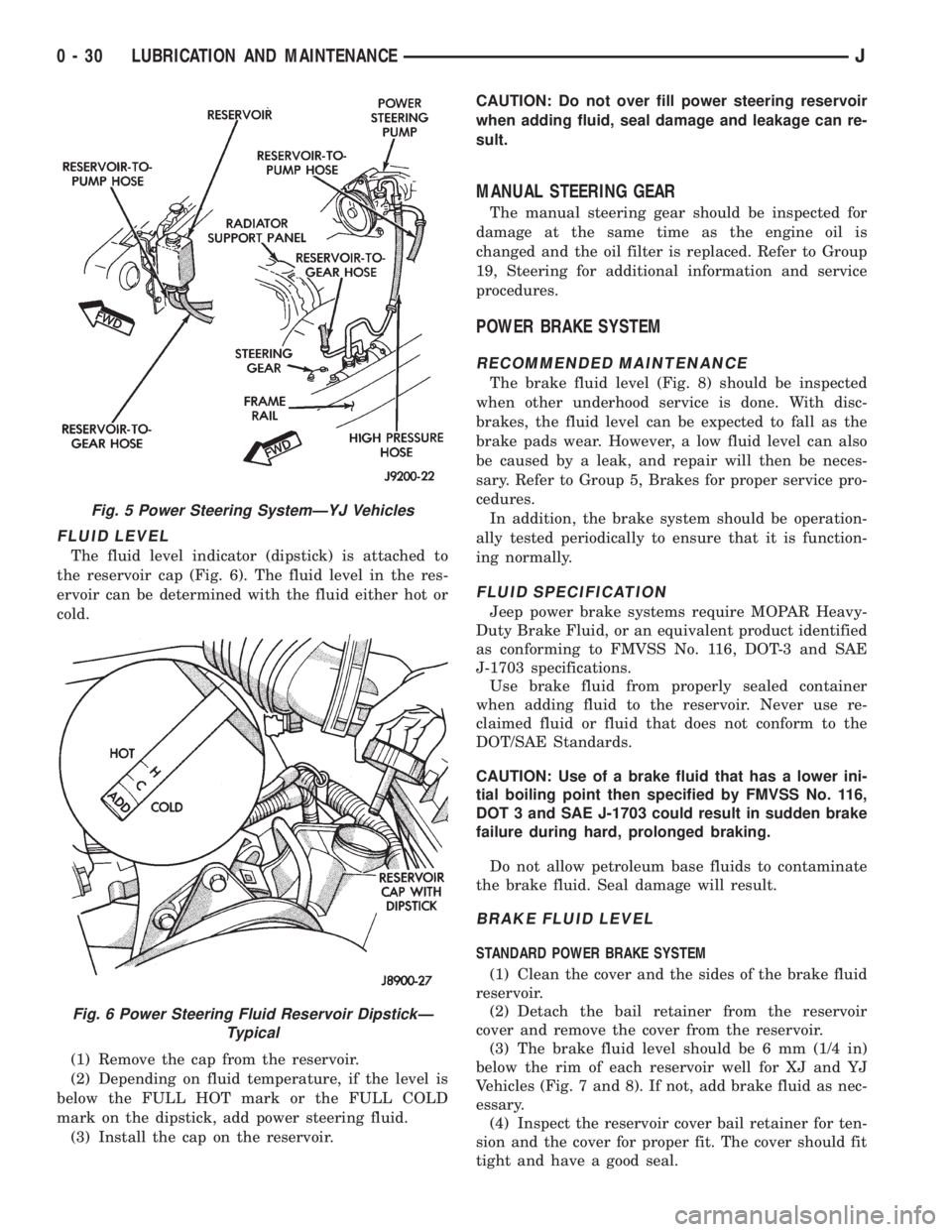 JEEP YJ 1995 Service And Service Manual FLUID LEVEL
The fluid level indicator (dipstick) is attached to
the reservoir cap (Fig. 6). The fluid level in the res-
ervoir can be determined with the fluid either hot or
cold.
(1) Remove the cap f JEEP YJ 1995 Service And Service Manual FLUID LEVEL
The fluid level indicator (dipstick) is attached to
the reservoir cap (Fig. 6). The fluid level in the res-
ervoir can be determined with the fluid either hot or
cold.
(1) Remove the cap f