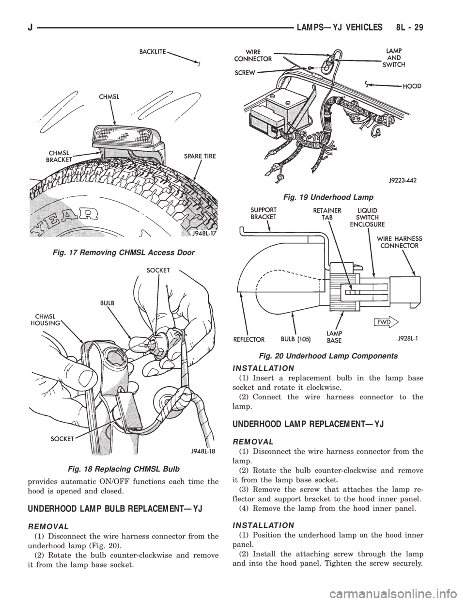 JEEP YJ 1995  Service And Repair Manual provides automatic ON/OFF functions each time the
hood is opened and closed.
UNDERHOOD LAMP BULB REPLACEMENTÐYJ
REMOVAL
(1) Disconnect the wire harness connector from the
underhood lamp (Fig. 20).
(2