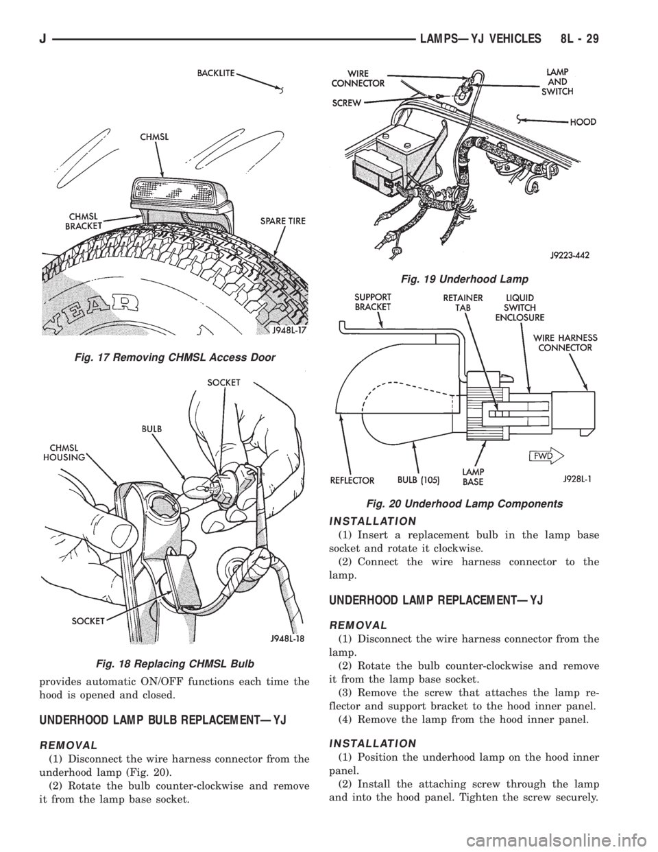 JEEP YJ 1995 Service And Repair Manual provides automatic ON/OFF functions each time the
hood is opened and closed.
UNDERHOOD LAMP BULB REPLACEMENTÐYJ
REMOVAL
(1) Disconnect the wire harness connector from the
underhood lamp (Fig. 20).
(2 JEEP YJ 1995 Service And Repair Manual provides automatic ON/OFF functions each time the
hood is opened and closed.
UNDERHOOD LAMP BULB REPLACEMENTÐYJ
REMOVAL
(1) Disconnect the wire harness connector from the
underhood lamp (Fig. 20).
(2