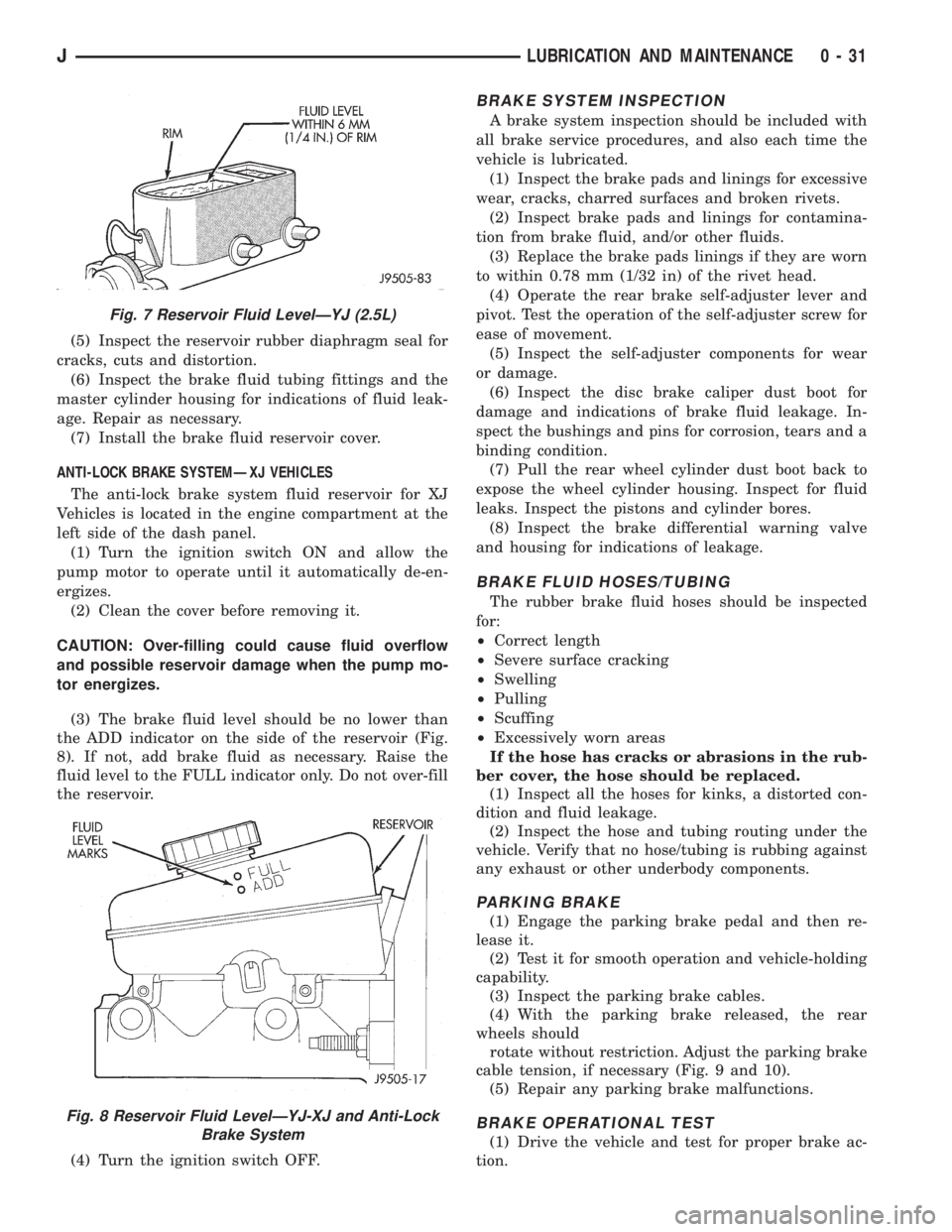 JEEP YJ 1995  Service And Service Manual (5) Inspect the reservoir rubber diaphragm seal for
cracks, cuts and distortion.
(6) Inspect the brake fluid tubing fittings and the
master cylinder housing for indications of fluid leak-
age. Repair 