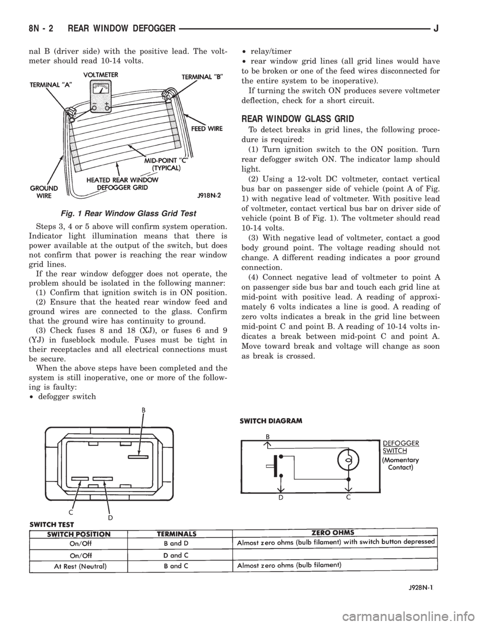 JEEP YJ 1995 Service And Repair Manual nal B (driver side) with the positive lead. The volt-
meter should read 10-14 volts.
Steps 3, 4 or 5 above will confirm system operation.
Indicator light illumination means that there is
power availab JEEP YJ 1995 Service And Repair Manual nal B (driver side) with the positive lead. The volt-
meter should read 10-14 volts.
Steps 3, 4 or 5 above will confirm system operation.
Indicator light illumination means that there is
power availab