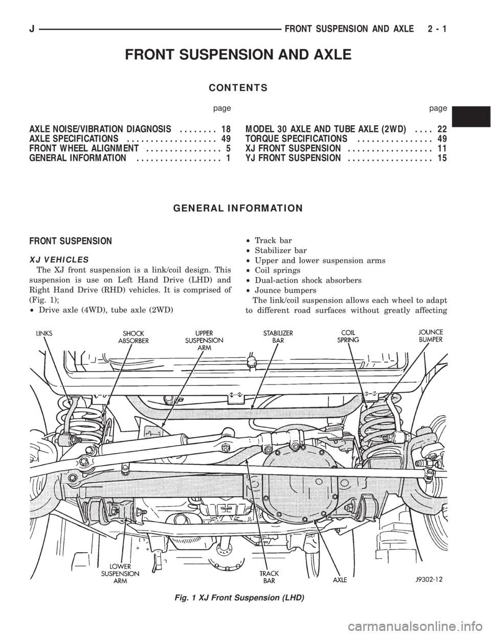 JEEP YJ 1995  Service And Workshop Manual FRONT SUSPENSION AND AXLE
CONTENTS
page page
AXLE NOISE/VIBRATION DIAGNOSIS........ 18
AXLE SPECIFICATIONS................... 49
FRONT WHEEL ALIGNMENT................ 5
GENERAL INFORMATION............