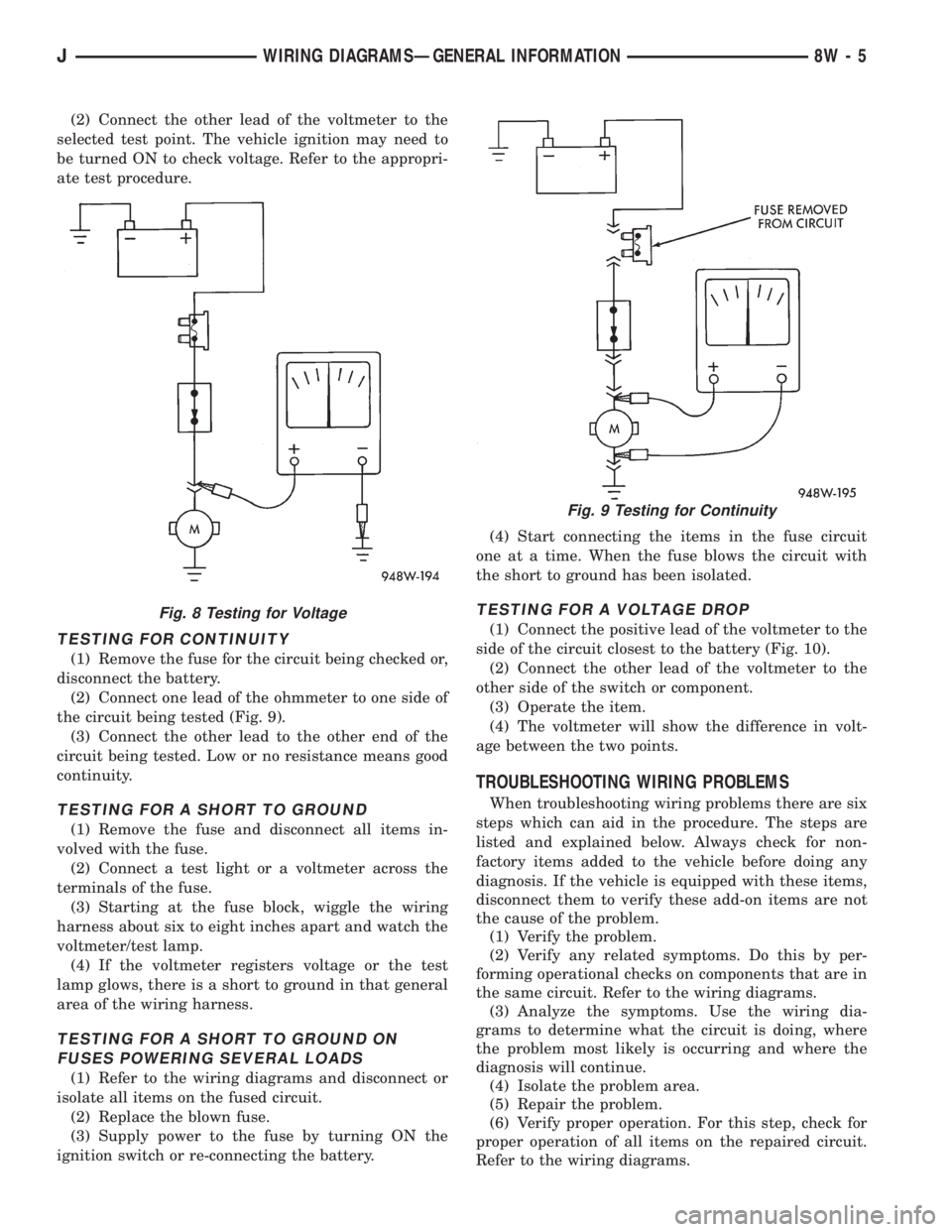 JEEP YJ 1995 Service And Repair Manual (2) Connect the other lead of the voltmeter to the
selected test point. The vehicle ignition may need to
be turned ON to check voltage. Refer to the appropri-
ate test procedure.
TESTING FOR CONTINUIT JEEP YJ 1995 Service And Repair Manual (2) Connect the other lead of the voltmeter to the
selected test point. The vehicle ignition may need to
be turned ON to check voltage. Refer to the appropri-
ate test procedure.
TESTING FOR CONTINUIT