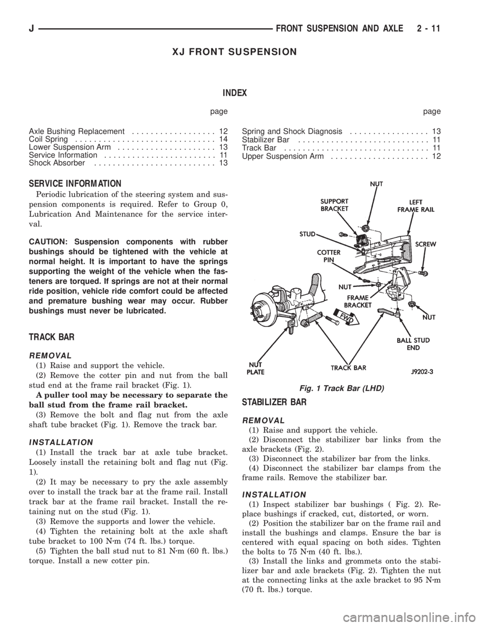 JEEP YJ 1995  Service And Manual PDF XJ FRONT SUSPENSION
INDEX
page page
Axle Bushing Replacement.................. 12
Coil Spring.............................. 14
Lower Suspension Arm..................... 13
Service Information.........