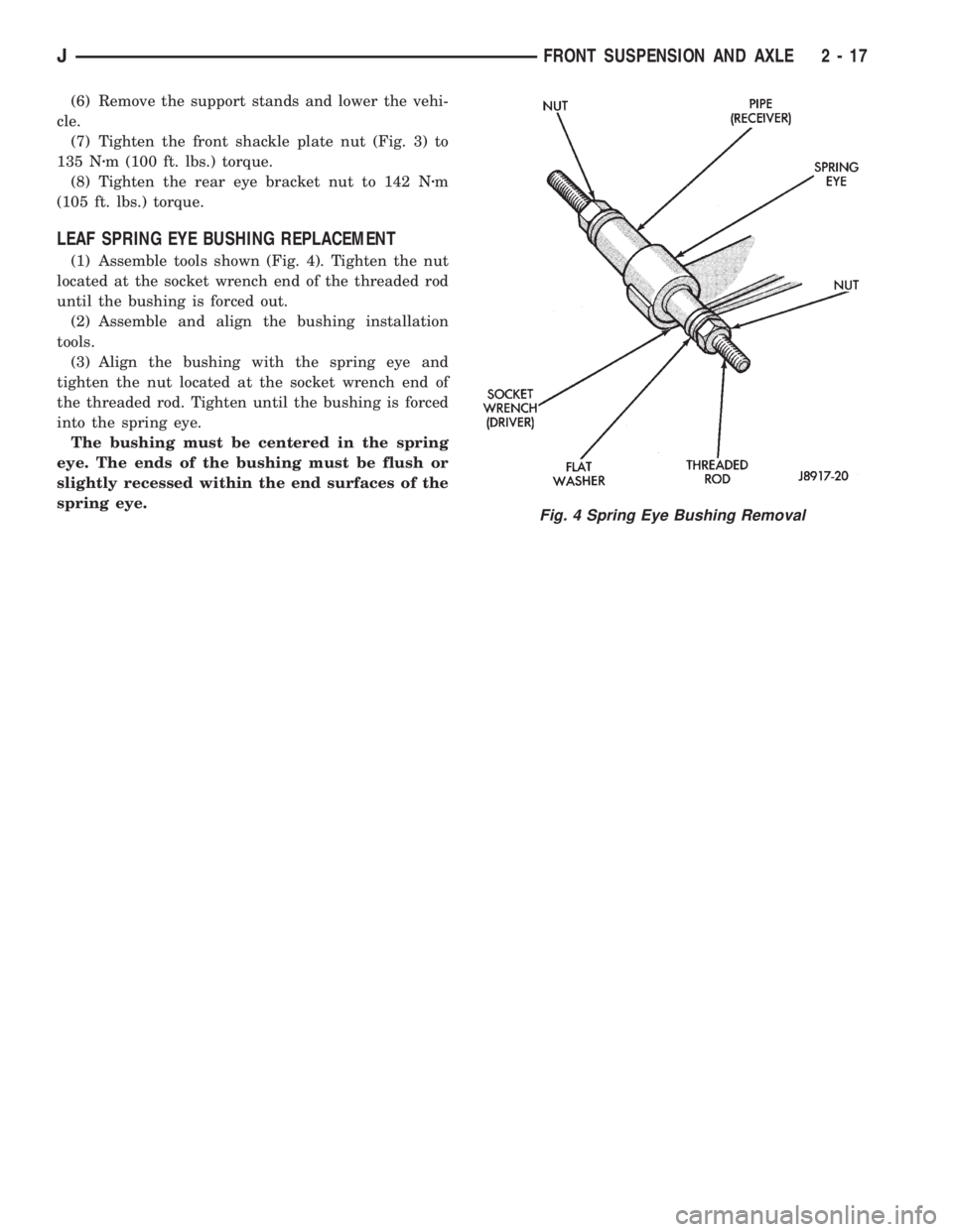JEEP YJ 1995  Service And Manual PDF (6) Remove the support stands and lower the vehi-
cle.
(7) Tighten the front shackle plate nut (Fig. 3) to
135 Nzm (100 ft. lbs.) torque.
(8) Tighten the rear eye bracket nut to 142 Nzm
(105 ft. lbs.)