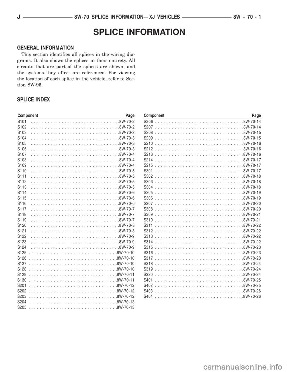 JEEP YJ 1995 Service And Repair Manual SPLICE INFORMATION
GENERAL INFORMATION
This section identifies all splices in the wiring dia-
grams. It also shows the splices in their entirety. All
circuits that are part of the splices are shown, a JEEP YJ 1995 Service And Repair Manual SPLICE INFORMATION
GENERAL INFORMATION
This section identifies all splices in the wiring dia-
grams. It also shows the splices in their entirety. All
circuits that are part of the splices are shown, a