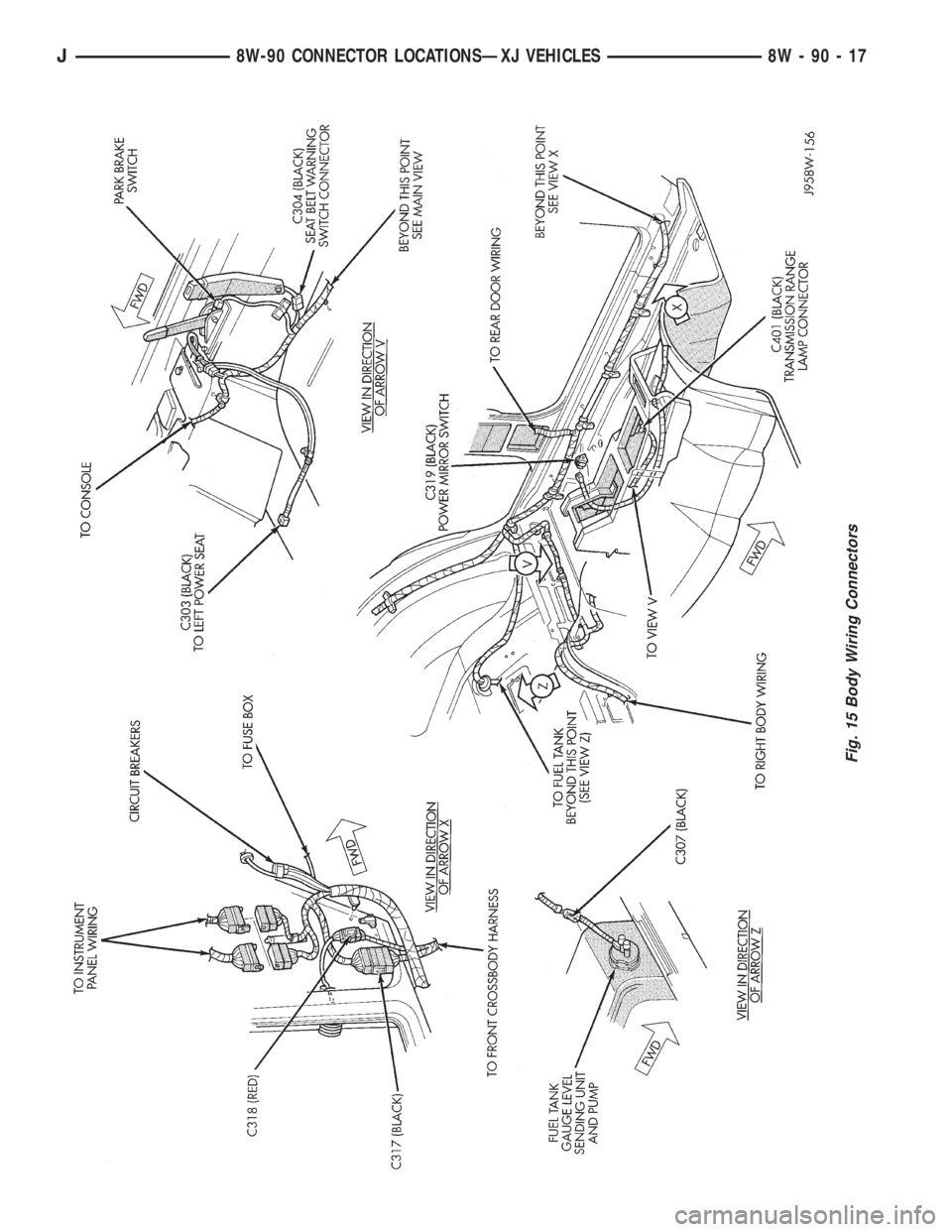 JEEP YJ 1995 Service And Repair Manual Fig. 15 Body Wiring Connectors
J8W-90 CONNECTOR LOCATIONSÐXJ VEHICLES 8W - 90 - 17 JEEP YJ 1995 Service And Repair Manual Fig. 15 Body Wiring Connectors
J8W-90 CONNECTOR LOCATIONSÐXJ VEHICLES 8W - 90 - 17