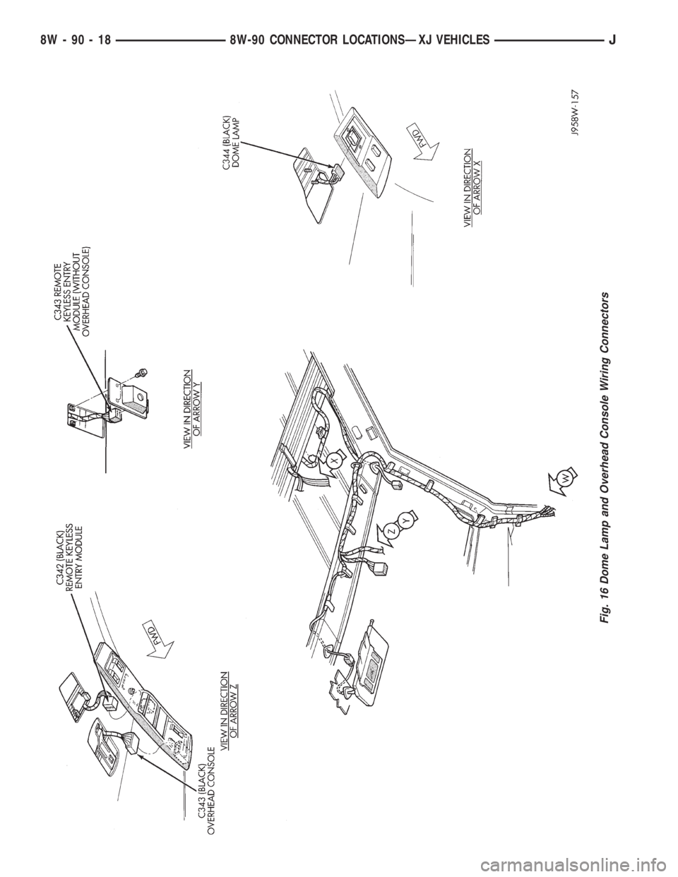 JEEP YJ 1995 Service And Repair Manual Fig. 16 Dome Lamp and Overhead Console Wiring Connectors
8W - 90 - 18 8W-90 CONNECTOR LOCATIONSÐXJ VEHICLESJ JEEP YJ 1995 Service And Repair Manual Fig. 16 Dome Lamp and Overhead Console Wiring Connectors
8W - 90 - 18 8W-90 CONNECTOR LOCATIONSÐXJ VEHICLESJ