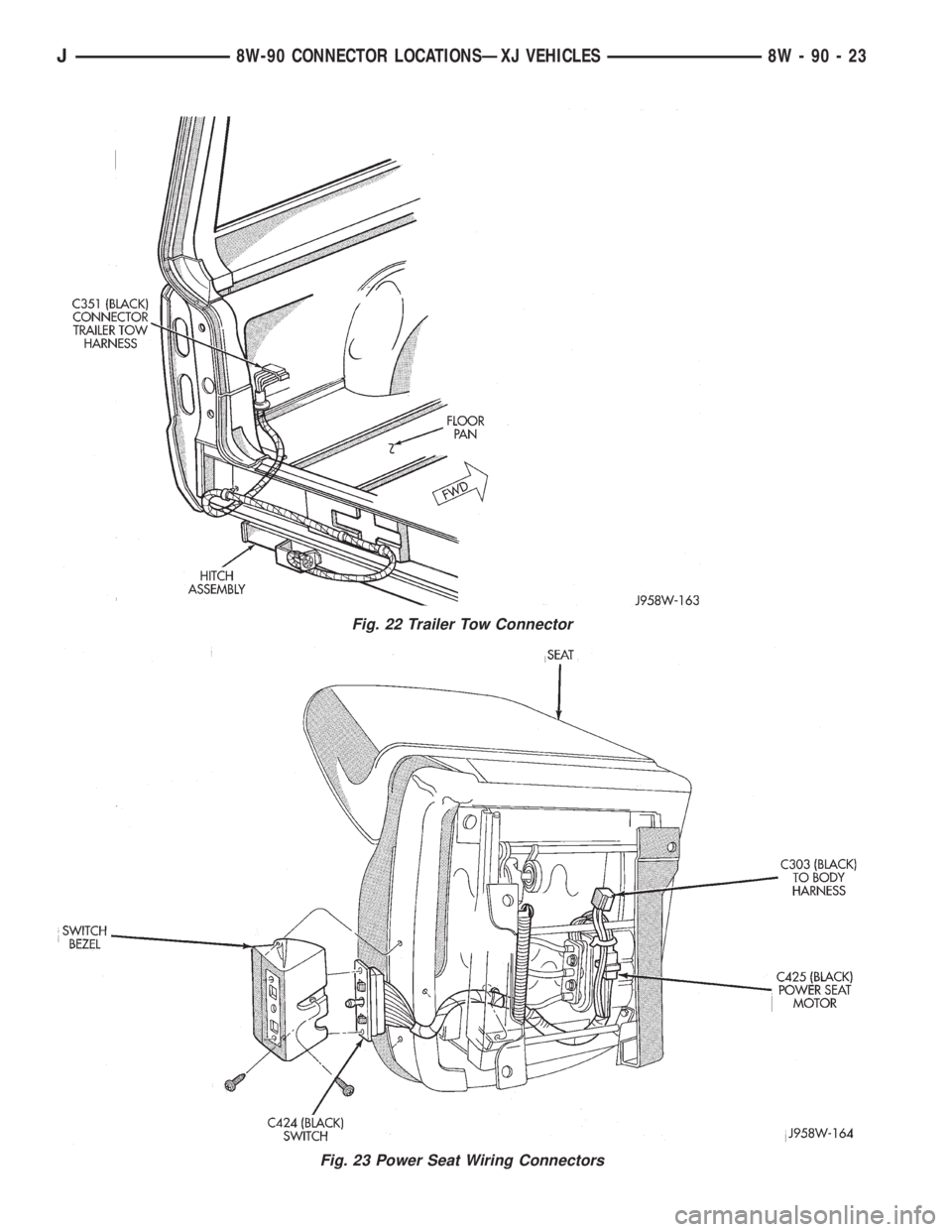 JEEP YJ 1995 Service And Repair Manual Fig. 22 Trailer Tow Connector
Fig. 23 Power Seat Wiring Connectors
J8W-90 CONNECTOR LOCATIONSÐXJ VEHICLES 8W - 90 - 23 JEEP YJ 1995 Service And Repair Manual Fig. 22 Trailer Tow Connector
Fig. 23 Power Seat Wiring Connectors
J8W-90 CONNECTOR LOCATIONSÐXJ VEHICLES 8W - 90 - 23