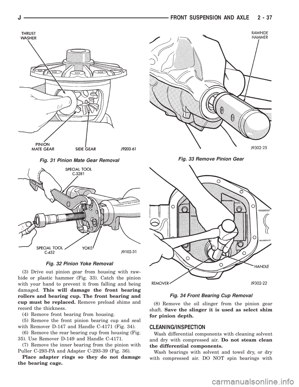 JEEP YJ 1995  Service And Manual Online (3) Drive out pinion gear from housing with raw-
hide or plastic hammer (Fig. 33). Catch the pinion
with your hand to prevent it from falling and being
damaged.This will damage the front bearing
rolle