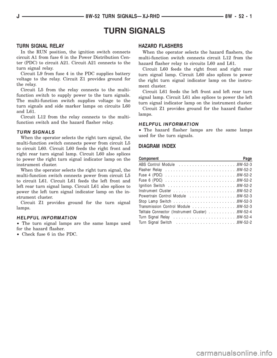 JEEP YJ 1995 Service And Repair Manual TURN SIGNALS
TURN SIGNAL RELAY
In the RUN position, the ignition switch connects
circuit A1 from fuse 6 in the Power Distribution Cen-
ter (PDC) to circuit A21. Circuit A21 connects to the
turn signal JEEP YJ 1995 Service And Repair Manual TURN SIGNALS
TURN SIGNAL RELAY
In the RUN position, the ignition switch connects
circuit A1 from fuse 6 in the Power Distribution Cen-
ter (PDC) to circuit A21. Circuit A21 connects to the
turn signal