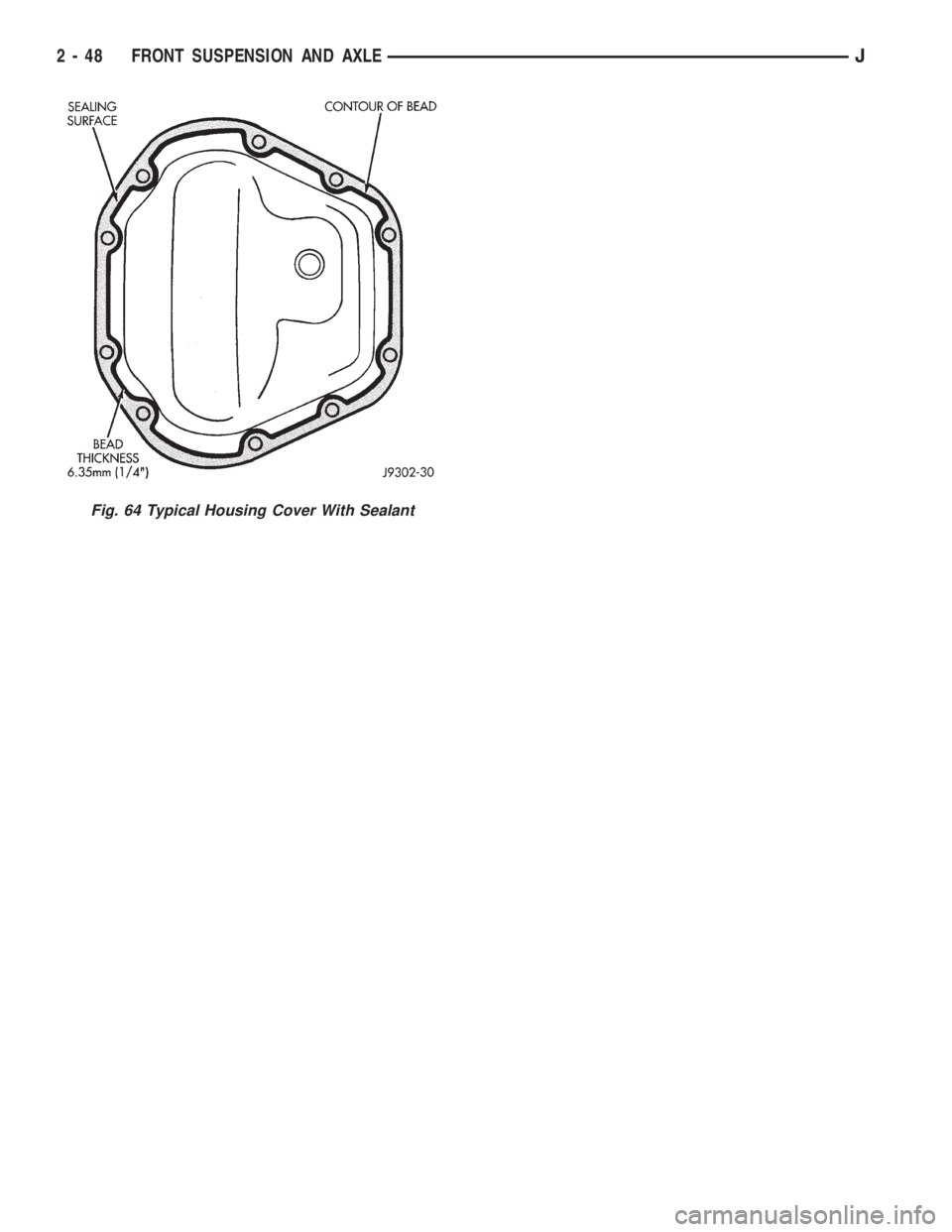JEEP YJ 1995 Service And Owners Manual Fig. 64 Typical Housing Cover With Sealant
2 - 48 FRONT SUSPENSION AND AXLEJ JEEP YJ 1995 Service And Owners Manual Fig. 64 Typical Housing Cover With Sealant
2 - 48 FRONT SUSPENSION AND AXLEJ
