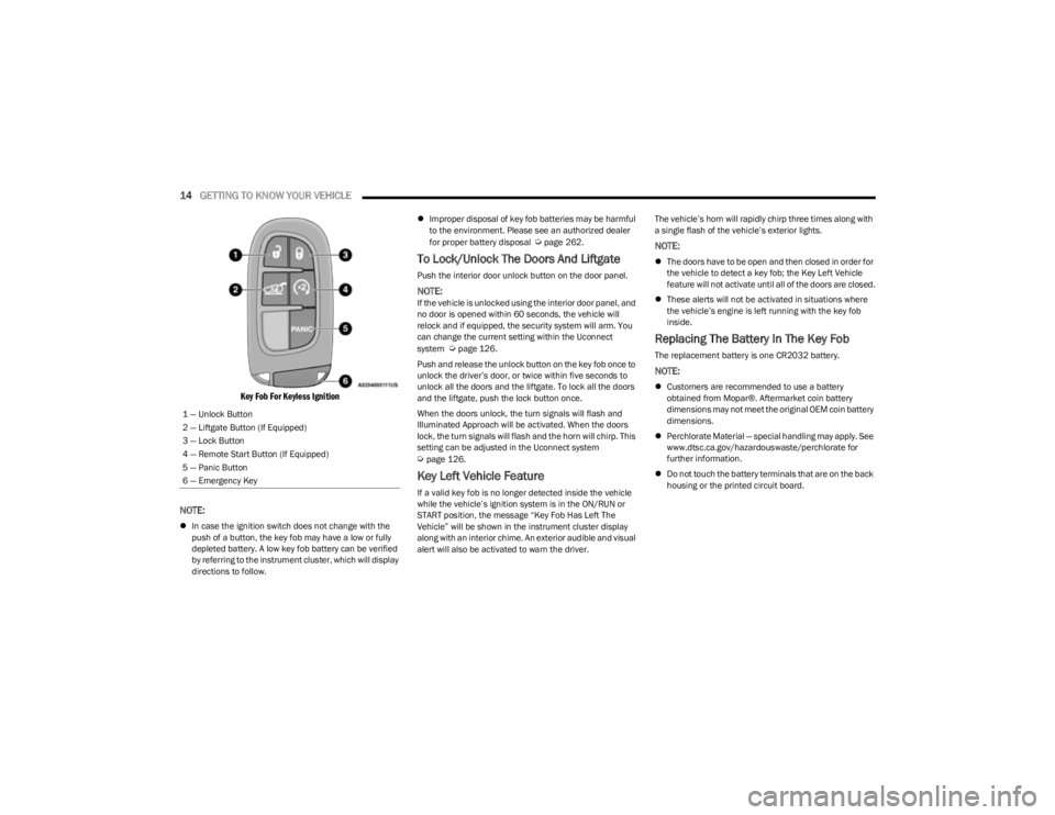 JEEP CHEROKEE 2023  Owners Manual 
14GETTING TO KNOW YOUR VEHICLE  

Key Fob For Keyless Ignition

NOTE:
 In case the ignition switch does not change with the 
push of a button, the key fob may have a low or fully 
depleted battery