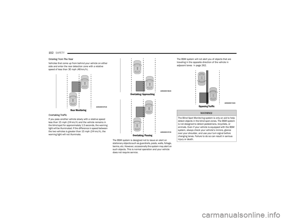 JEEP CHEROKEE 2023 Owners Manual
152SAFETY
Entering From The Rear
Vehicles that come up from behind your vehicle on either
side and enter the rear detection zone with a relative
speed of less than 30 mph (48 km/h).
Rear Monitor JEEP CHEROKEE 2023 Owners Manual
152SAFETY
Entering From The Rear
Vehicles that come up from behind your vehicle on either
side and enter the rear detection zone with a relative
speed of less than 30 mph (48 km/h).
Rear Monitor