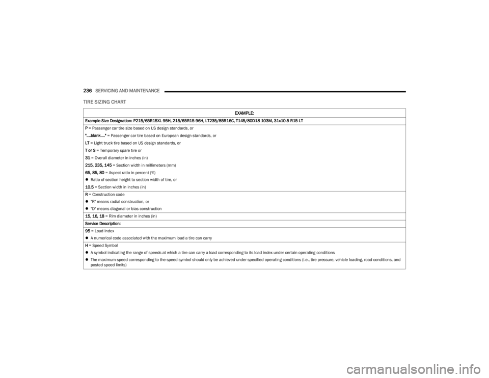 JEEP CHEROKEE 2023 Service Manual
236SERVICING AND MAINTENANCE
TIRE SIZING CHART
EXAMPLE:
Example Size Designation: P215/65R15XL 95H, 215/65R15 96H, LT235/85R16C, T145/80D18 103M, 31x10.5 R15 LT
P = Passenger car tire size based o JEEP CHEROKEE 2023 Service Manual
236SERVICING AND MAINTENANCE
TIRE SIZING CHART
EXAMPLE:
Example Size Designation: P215/65R15XL 95H, 215/65R15 96H, LT235/85R16C, T145/80D18 103M, 31x10.5 R15 LT
P = Passenger car tire size based o